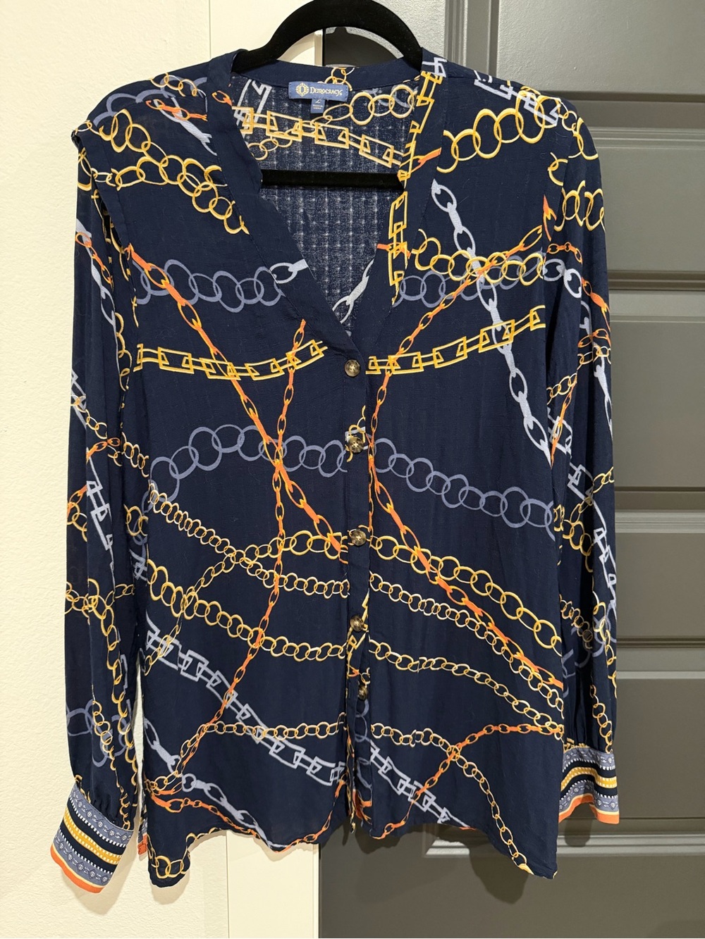 Democracy Navy Button-Front Blouse with Gold & Gray Chain Print